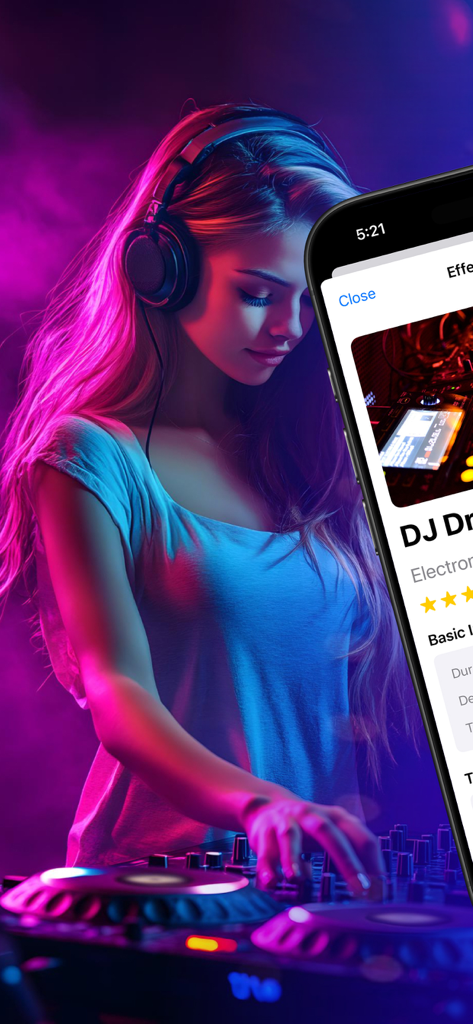 Une femme DJ portant un casque à côté d'un iPhone affichant l'interface de l'application Sound Magic Effect plus