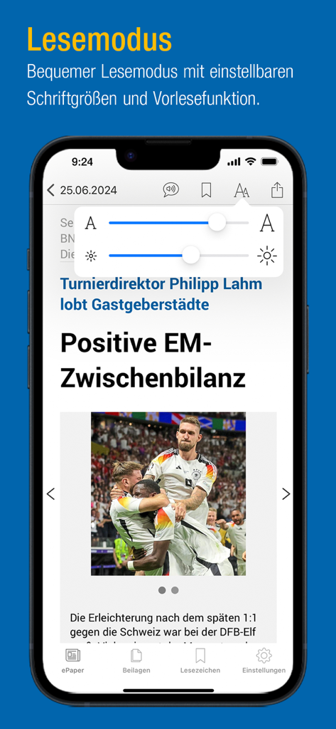 Écran de smartphone affichant le mode de lecture du journal électronique BNN avec les paramètres de réglage de la taille de la police et de la luminosité, superposé à un article de presse allemand.