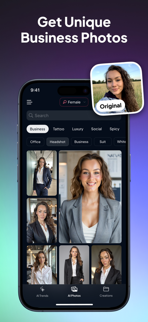 AI Photo Generator: FaceOff - Una pantalla de iPhone mostrando la interfaz de la app FaceOff que transforma una foto informal original en múltiples retratos profesionales de negocios y retratos de oficina usando IA.