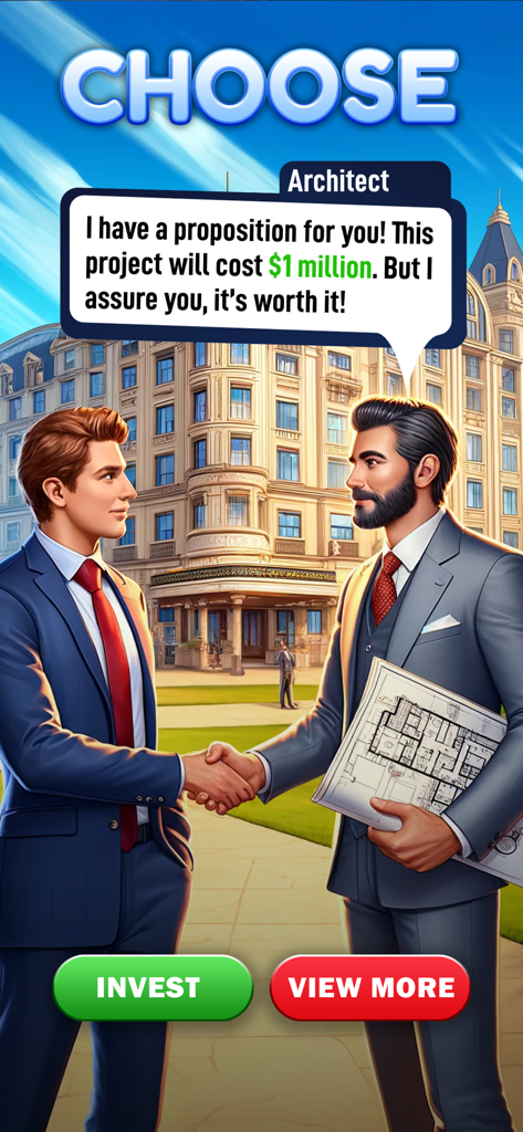 건축가가 플레이어에게 백만 달러짜리 호텔 투자 프로젝트를 발표하는 모습