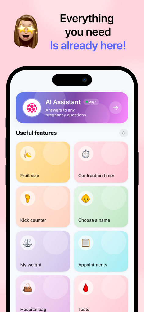 Mama Ai pregnancy tracker dashboard featuring AI assistant and tools like kick counter and contraction timer.