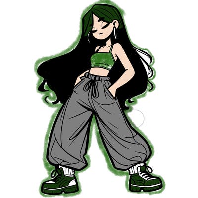 girl in baggy pants crop top and long hair