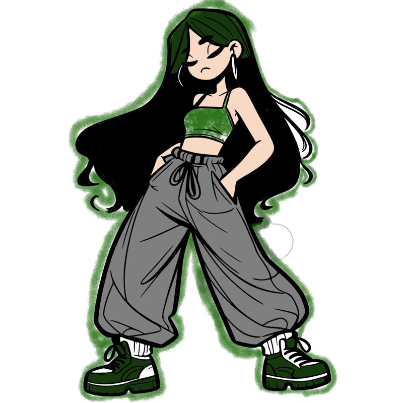 girl in baggy pants crop top and long hair
