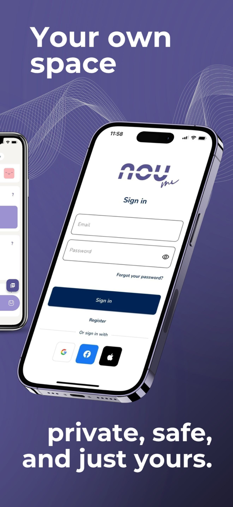 The NOUmi app sign in screen showing email and password fields with social login buttons.