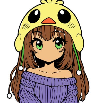 anime girl with chick shaped hat with sweater with bare shoulders with bangs covering them one eye with low tail