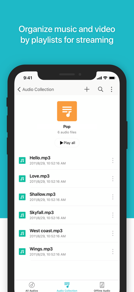 プライベートNASサーバーから直接ストリーミングするための音楽プレイリストが表示された Synology Drive アプリのインターフェース