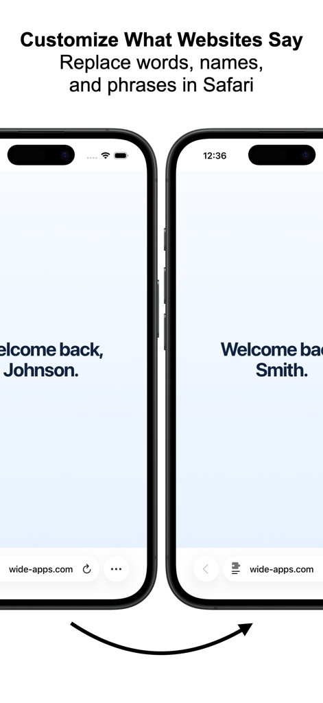 Comparison of a Safari webpage before and after replacing the name Johnson with Smith using the Word Replacer extension