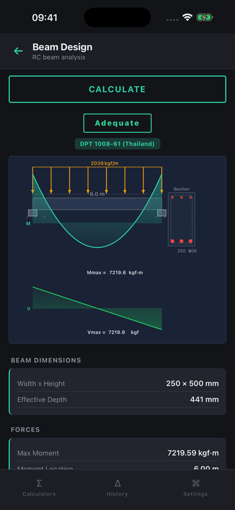 VerCivil: Structural Engineer - VerCivil app screen showing RC beam design analysis with moment and shear diagrams