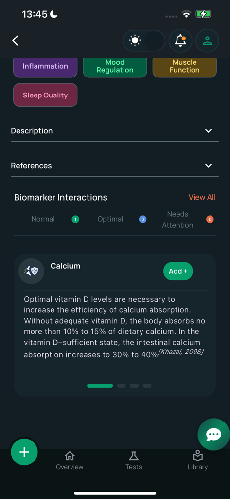 Health3: Blood Work Tracker - A mobile screen from the Health3 app displaying biomarker interactions between Vitamin D and Calcium for health optimization.