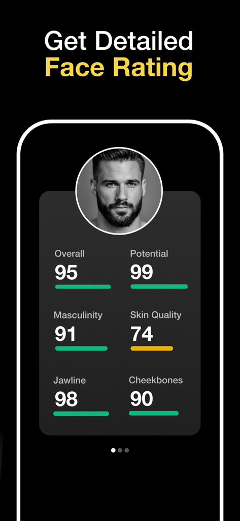 AI face rating interface showing numerical scores for features like masculinity jawline and skin quality
