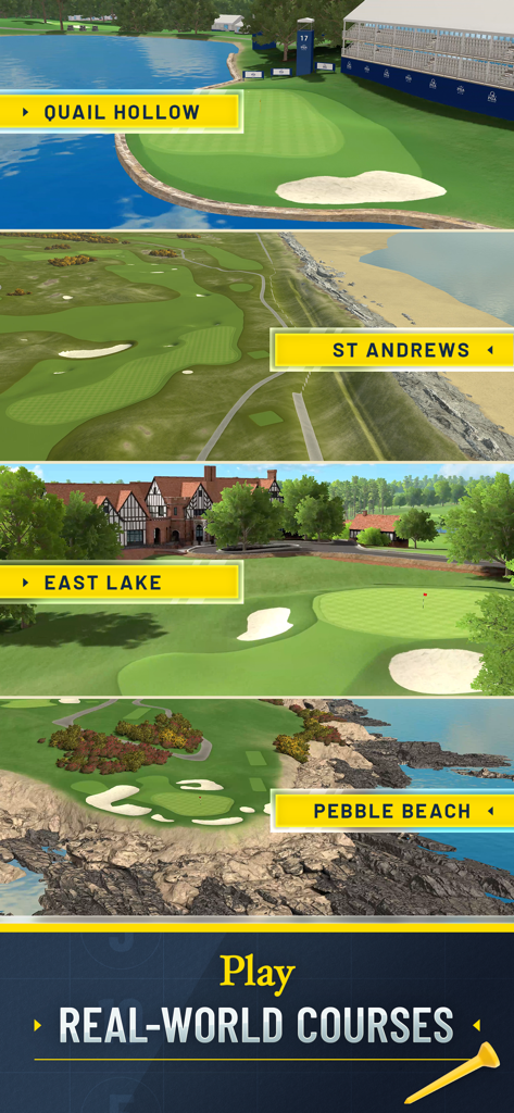 A showcase of iconic real-world golf courses like Pebble Beach and St Andrews in the Golf Clash mobile game