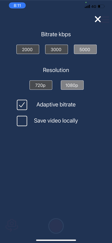 Shot Tracer Live App Streaming-Einstellungen für Bitrate und Auflösung