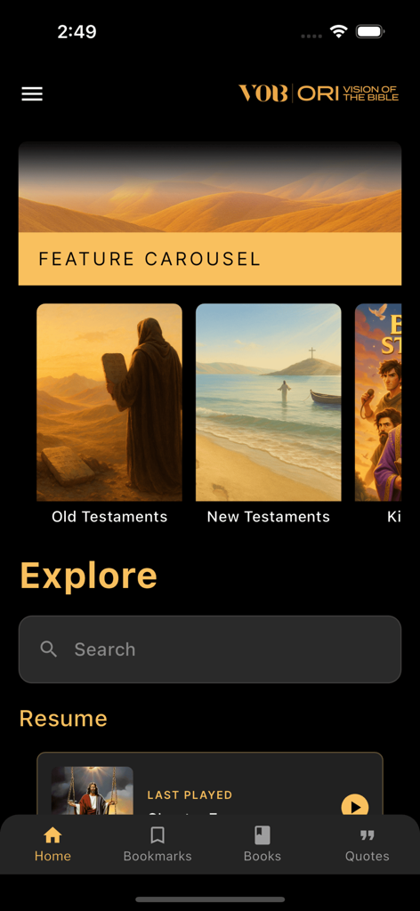 Schermata iniziale dell'app Vision of the Bible che mostra categorie di video cinematografici dell'Antico e del Nuovo Testamento e una barra di ricerca.