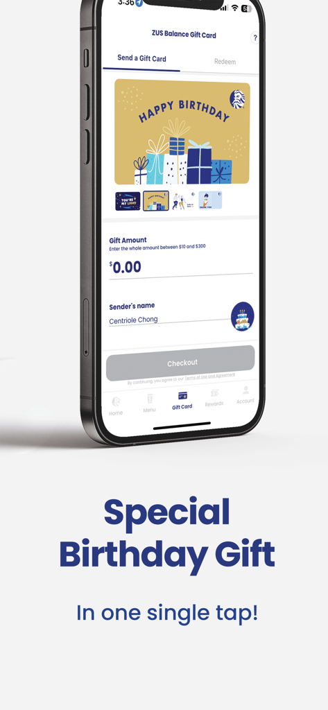 Mobile screen showing the ZUS Coffee app's interface for sending a digital birthday gift card