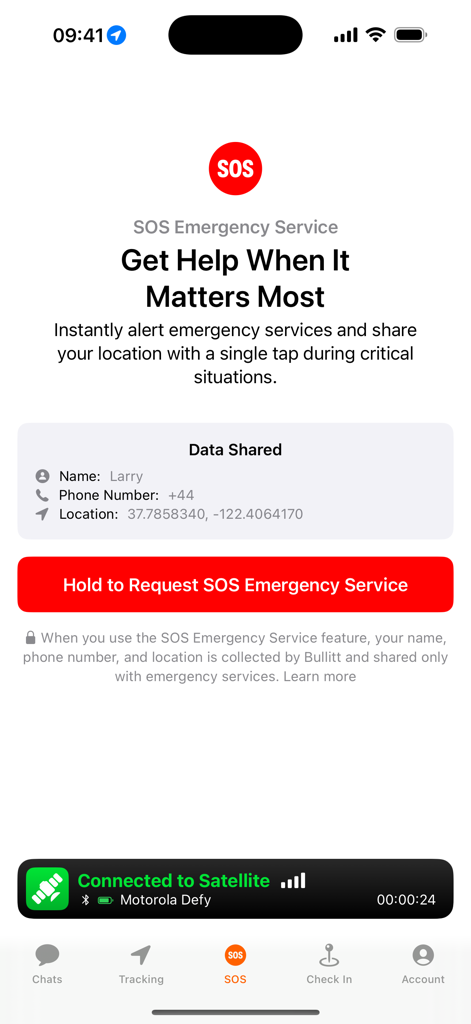 Bullitt Satellite Messenger - Bullitt Satellite Messenger app interface for SOS emergency service showing location sharing and a button to request help