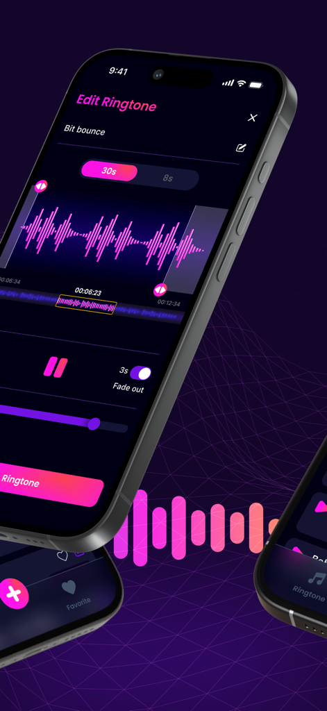 Pantalla de iPhone mostrando la interfaz de la aplicación Melody Ringtones para editar y recortar un tono de llamada personalizado con una forma de onda rosa.