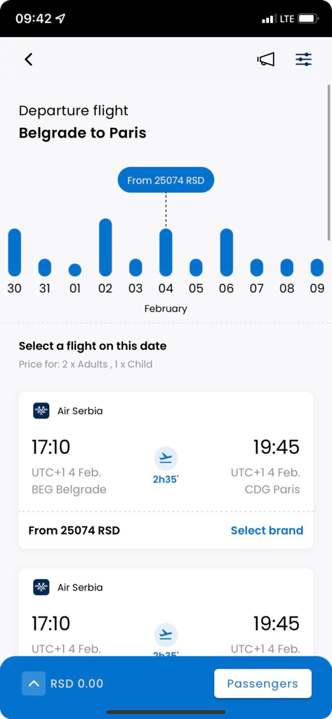 Air Serbia app flight search screen showing a price histogram for flights from Belgrade to Paris