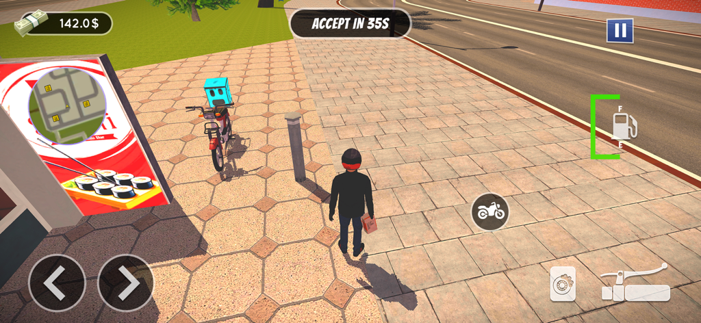 A delivery rider holding a package next to a motorbike in a 3D city simulator game.