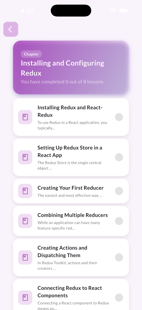 Learn Redux - Interface of Learn Redux app showing a list of programming lessons within the Installing and Configuring Redux chapter