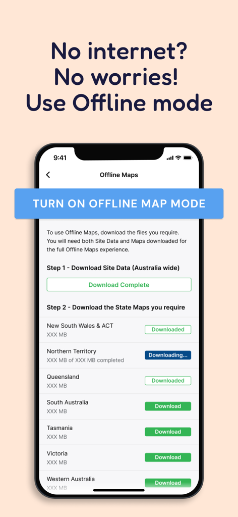 CAMPS: Camping Australia Wide - Interfaz de la aplicación CAMPS que muestra la página de descarga de mapas sin conexión para estados y territorios australianos