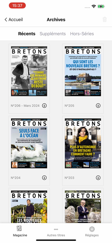 Bretons - Tela de arquivo do aplicativo da revista Bretons exibindo uma grade de edições recentes com fotos de capa e títulos.