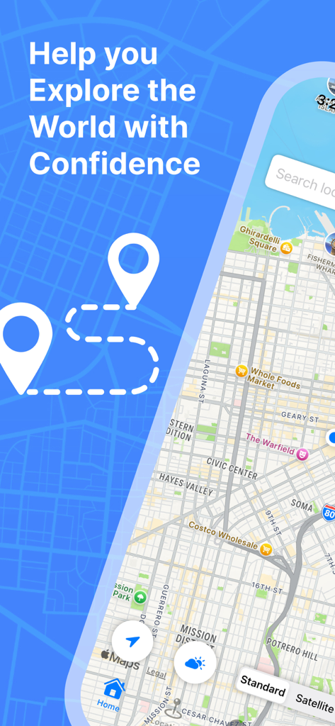 Un mapa 3D de la ciudad de San Francisco que muestra puntos de referencia y calles en la interfaz de la aplicación Horizon Maps.