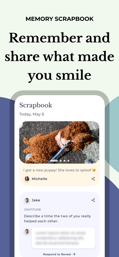 Una captura de pantalla de la aplicación Agapé que muestra la función "Memory Scrapbook", donde los usuarios pueden compartir fotos y responder a indicaciones de gratitud relacional.