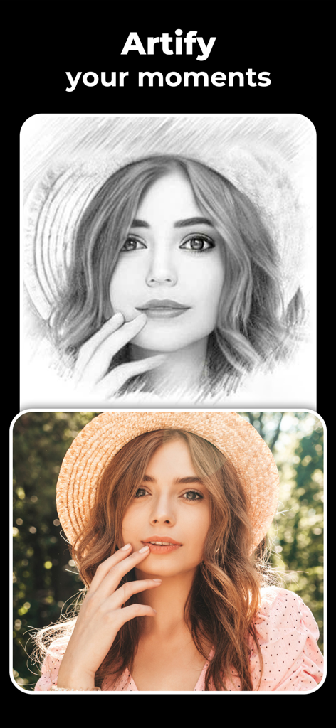 Pencil Sketch Photo Editor - A before and after comparison of a woman portrait transformed from a color photo into a pencil sketch art