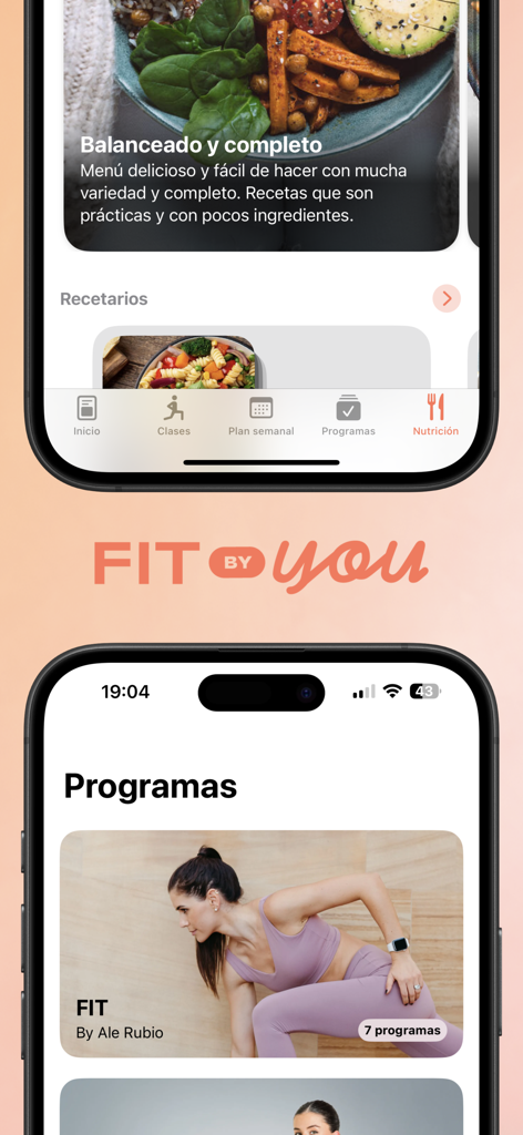FIT by You mobile app interface showing healthy nutrition recipes and fitness workout programs