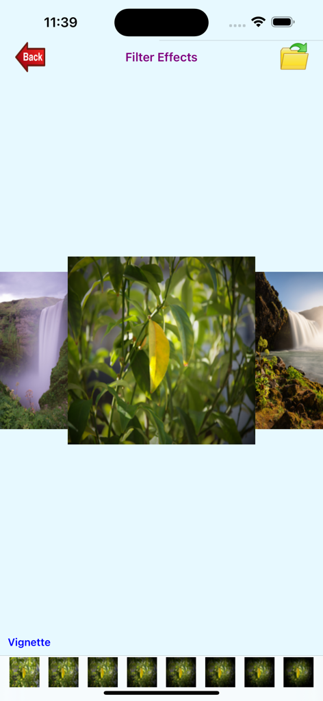 My-Photos - My-Photos app interface displaying the Filter Effects screen with a vignette filter on a nature photo