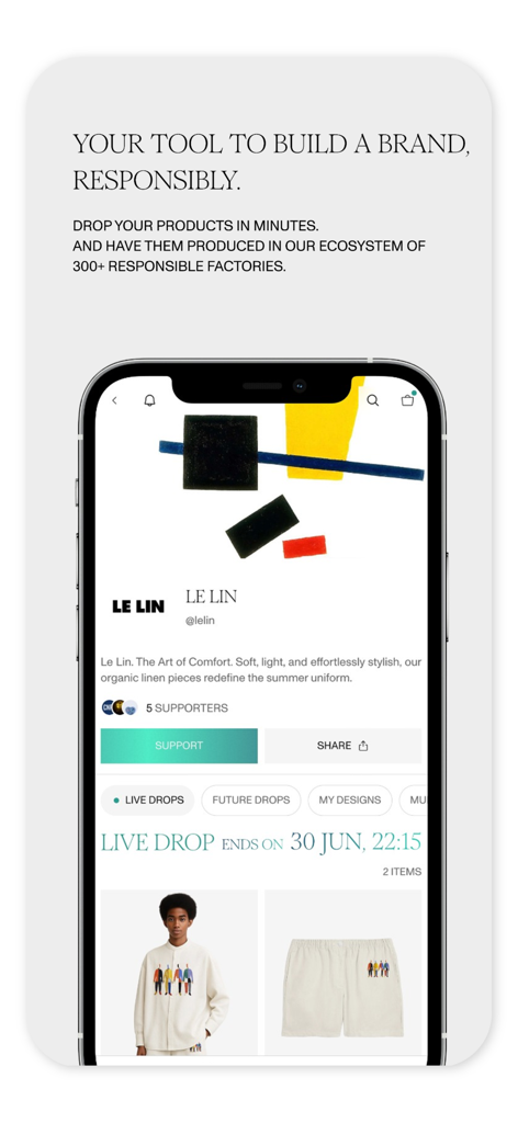 Sparkit World - Sparkit World mobile app interface showing a fashion brand profile and live product drops