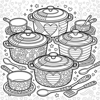 Stir up some joy and celebrate love with this delightful Dutch Ovens Pride coloring page! Featuring intricately designed pots adorned with hearts, rainbow stripes, and 'LOVE IS LOVE', it's perfect for a creative tribute to diversity.