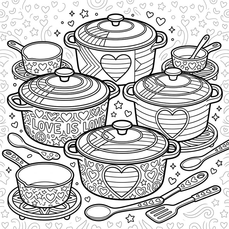 Stir up some joy and celebrate love with this delightful Dutch Ovens Pride coloring page! Featuring intricately designed pots adorned with hearts, rainbow stripes, and 'LOVE IS LOVE', it's perfect for a creative tribute to diversity.