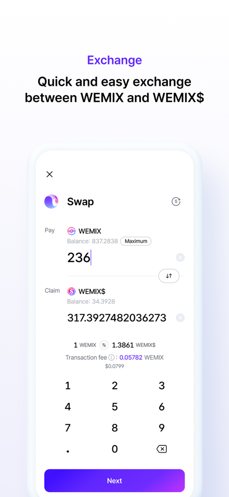 WEMIX Wallet - Exchange interface for WEMIX and WEMIX dollars in the WEMIX Wallet app