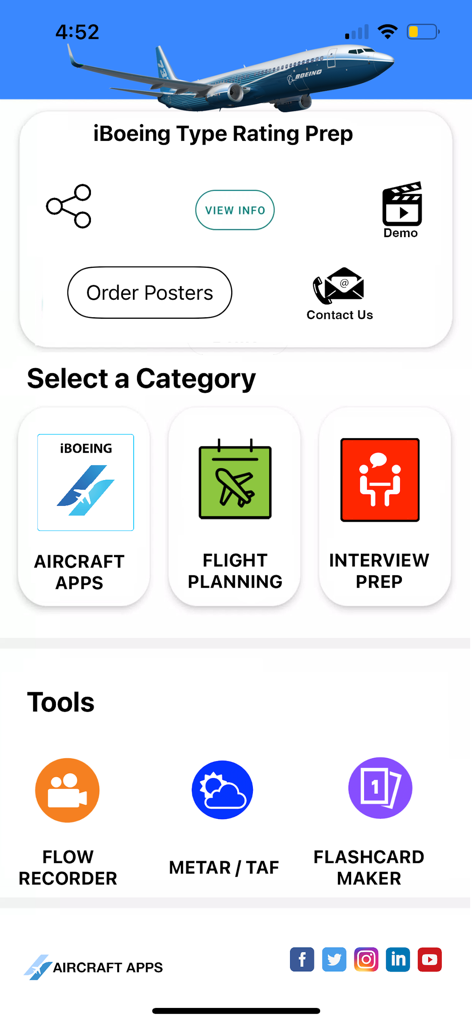 iBOEING Type Rating Prep - Interface of the iBOEING Type Rating Prep app displaying various pilot training categories and aviation tools