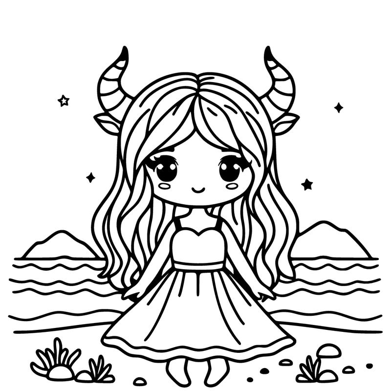 girl with long hair and a dress wearing taurus horns on the beach