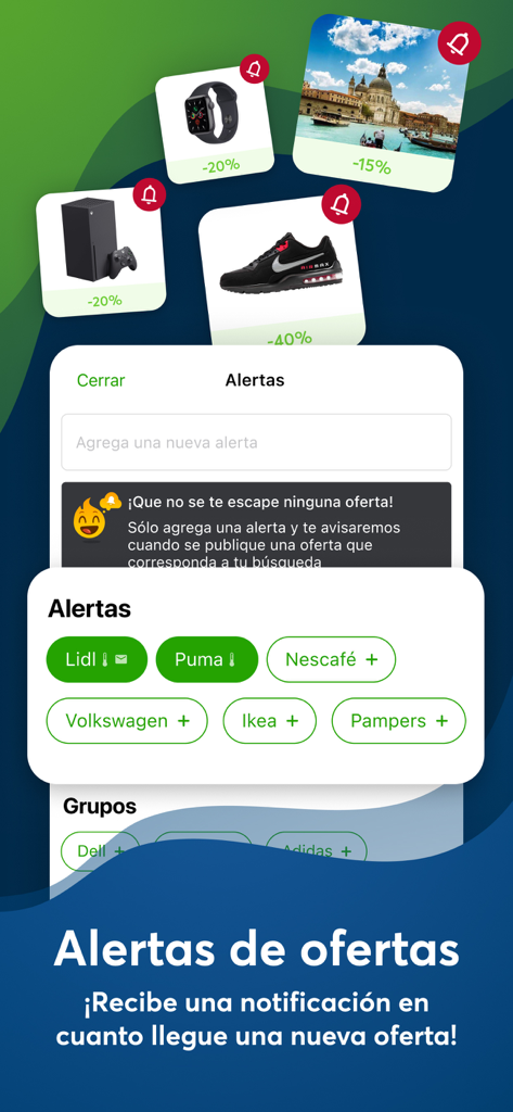 Interfaz de la app PromoDescuentos mostrando alertas de ofertas para varias marcas y productos con porcentajes de descuento.