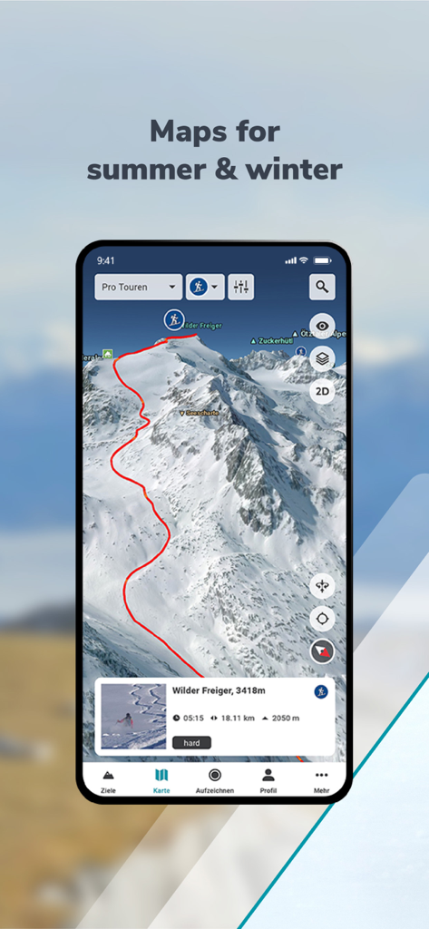 A high resolution 3D winter map showing a ski route on a snowy mountain peak