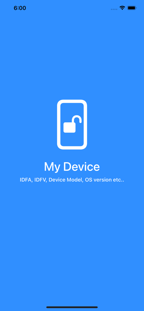 My Device - IDFA, IDFV - Splash screen of the My Device app showing IDFA and IDFV technical information
