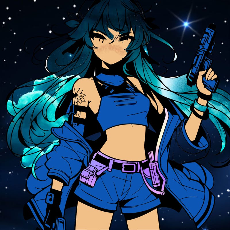 bad girl wearing crop top holding a gun long hair anime