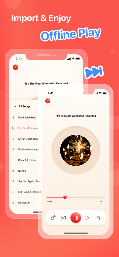 Interface of Bubble Player app showcasing offline music playback and song importation features