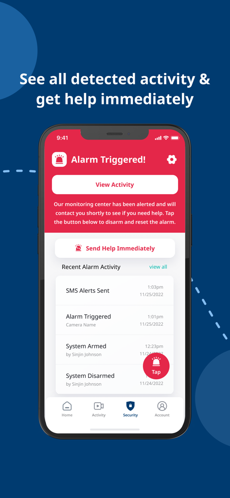 Kami Home app interface showing a triggered alarm screen with options to view activity and request emergency help