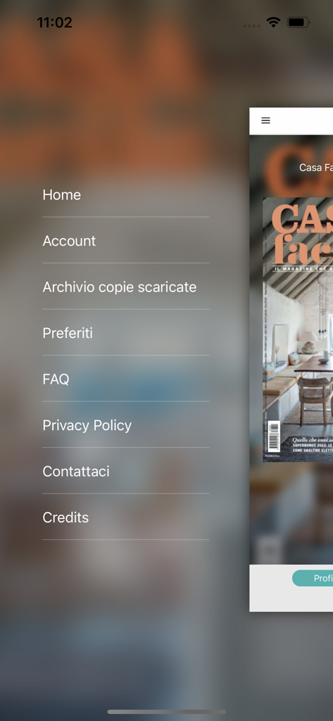 CasaFacile - Side menu of the CasaFacile app showing navigation options like account, favorites, and downloaded copies