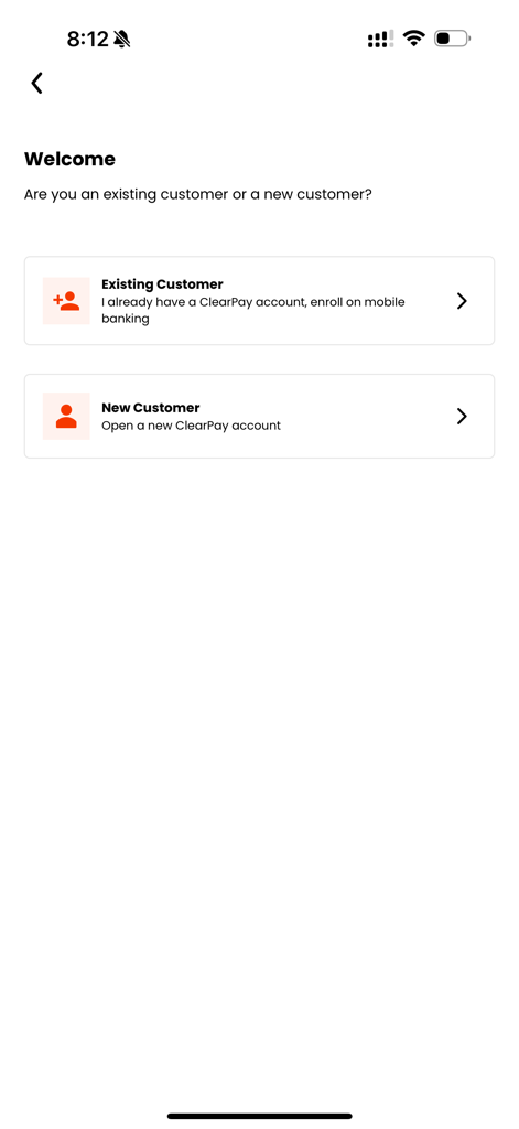 ClearPay - ClearPay welcome screen with options for existing customers to enroll or new customers to open an account