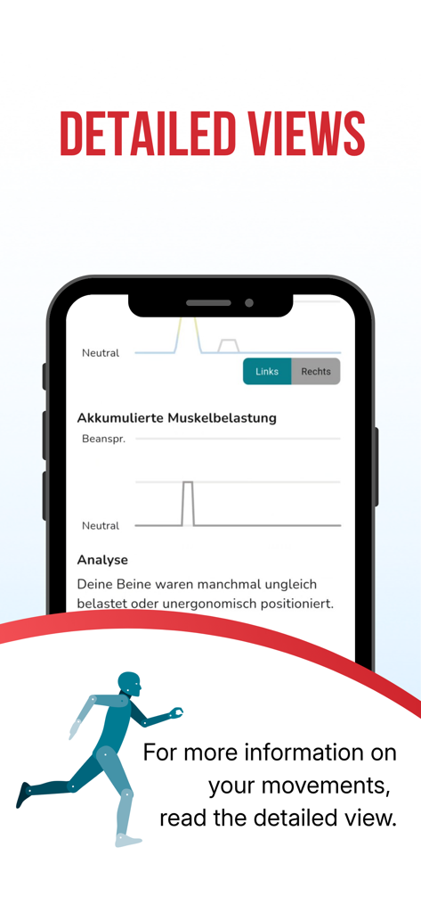 Ergo4All - Pantalla de análisis de postura detallado en la aplicación Ergo4All con gráficos de carga muscular e información ergonómica