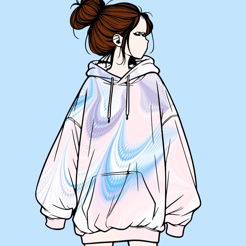 realistic girl with a oversized sweatshirt on and a bun