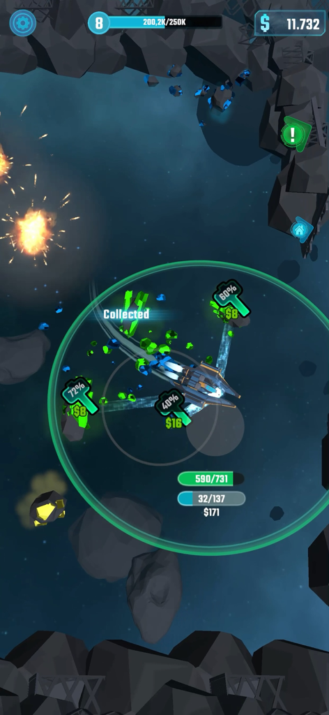 Galaxy Idle - A spaceship in Galaxy Idle mining green minerals from asteroids in deep space