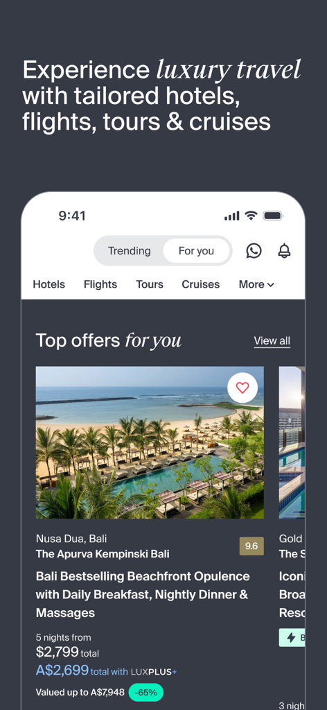 Application mobile Luxury Escapes montrant les meilleures offres de voyage et des offres d'hôtels en bord de mer