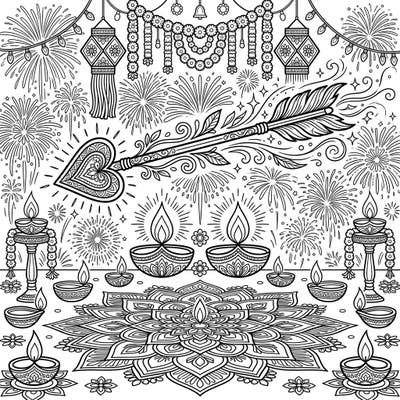 Experience the unique fusion of romance and festivity with our Cupid's Arrow and Diwali coloring page. This delightful design brings together symbols of love and light for a truly special coloring adventure.