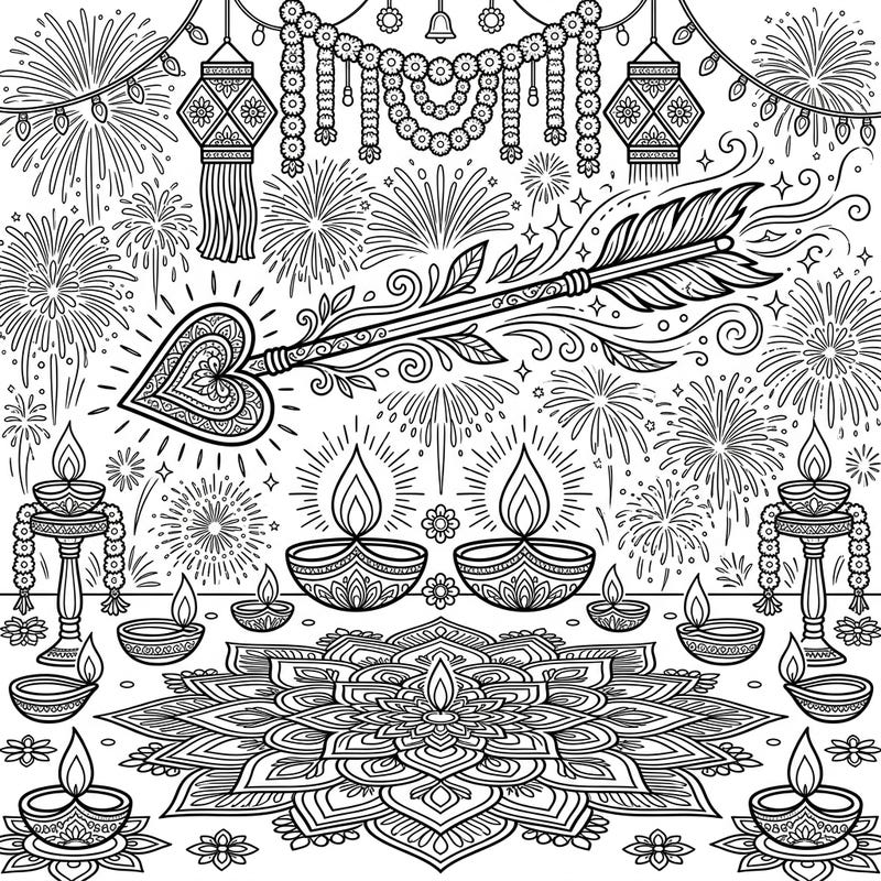 Experience the unique fusion of romance and festivity with our Cupid's Arrow and Diwali coloring page. This delightful design brings together symbols of love and light for a truly special coloring adventure.